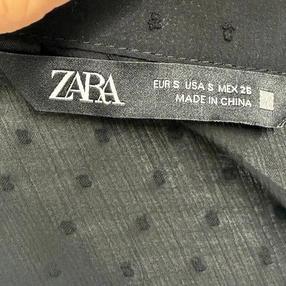 Zara Black Chiffon Swiss Dot Smocked Detail Mini Dress Small - Picture 8 of 9